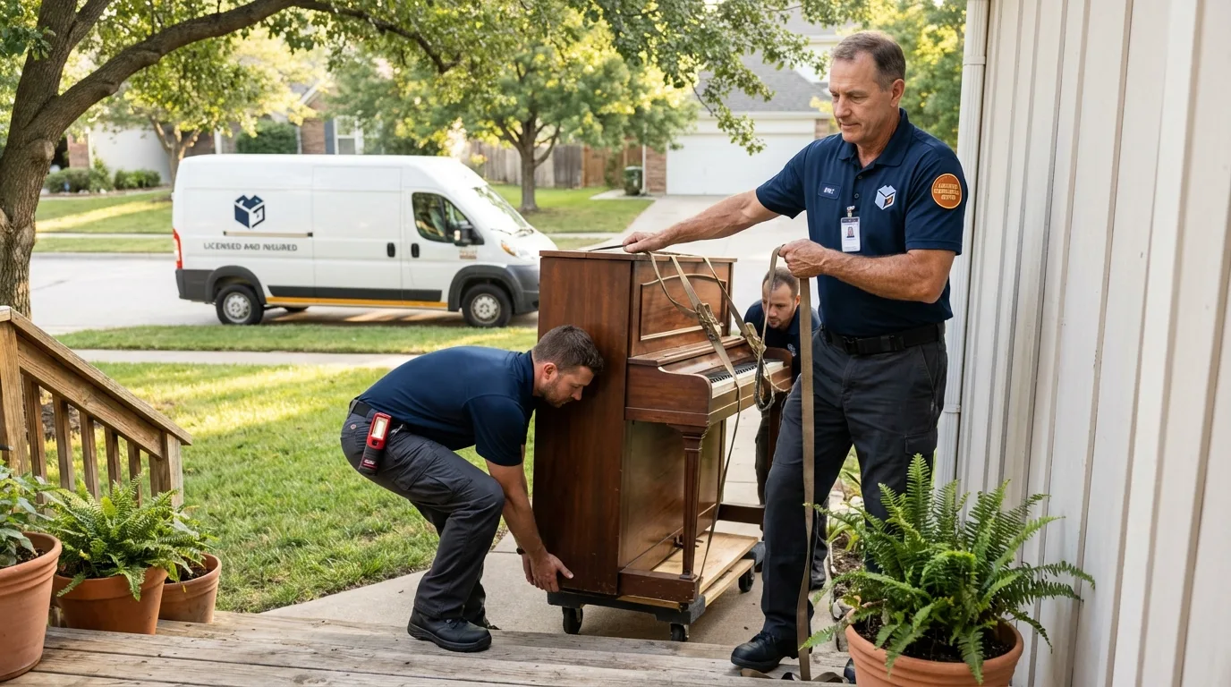 Licensed piano movers securing grand piano in Mary Esther, FL