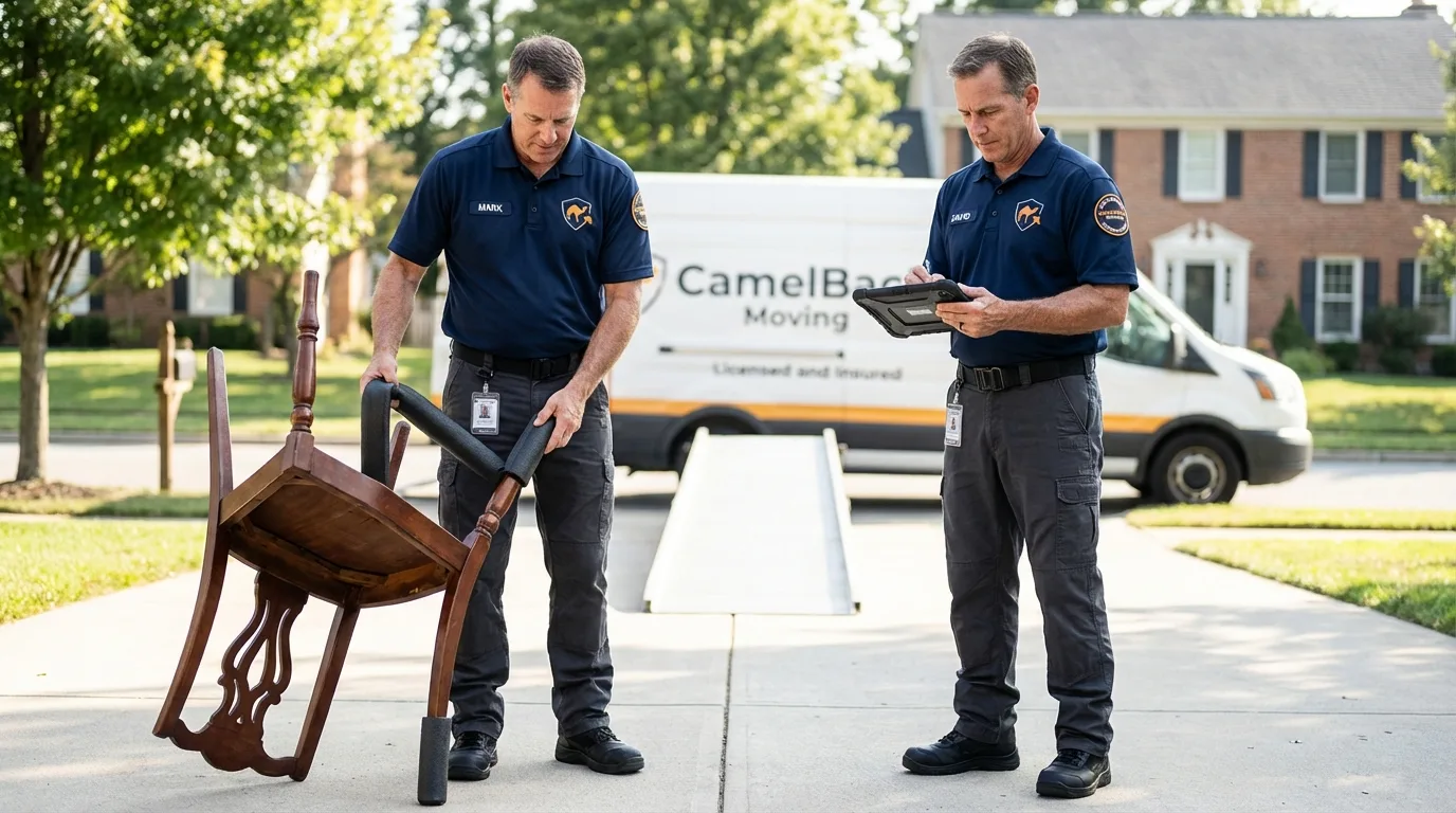 Movers inspecting furniture for damage prevention before loading in Mary Esther, FL