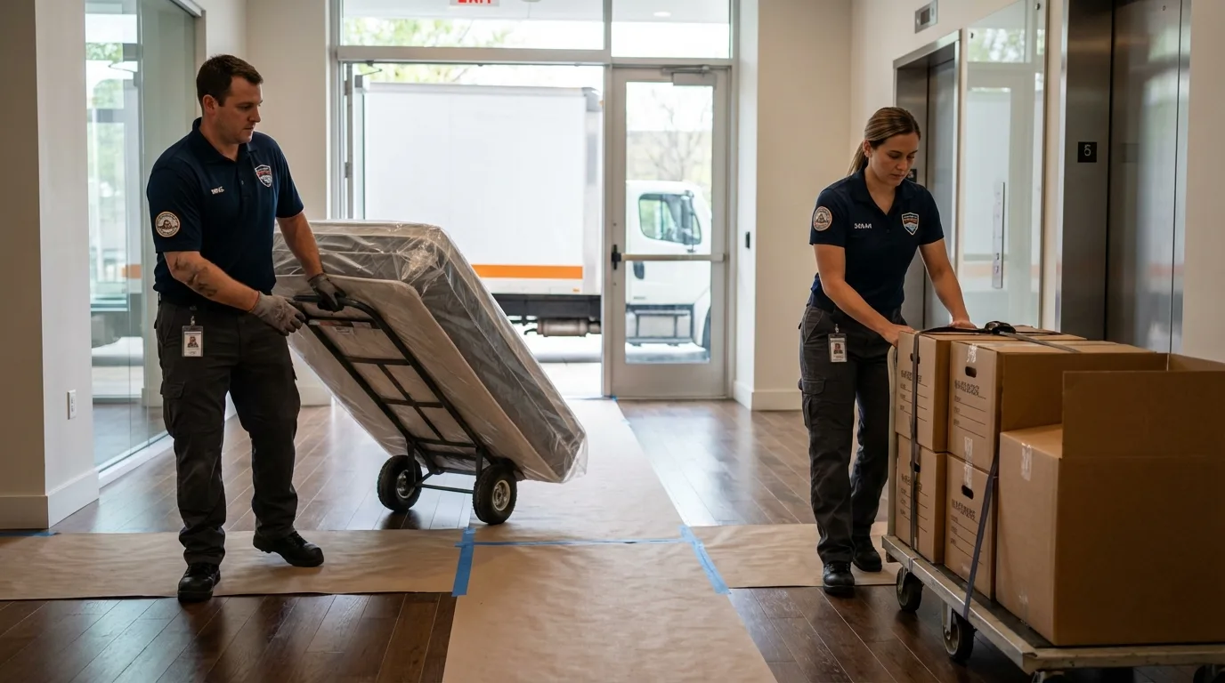 Professional apartment movers loading elevator in Mary Esther, FL