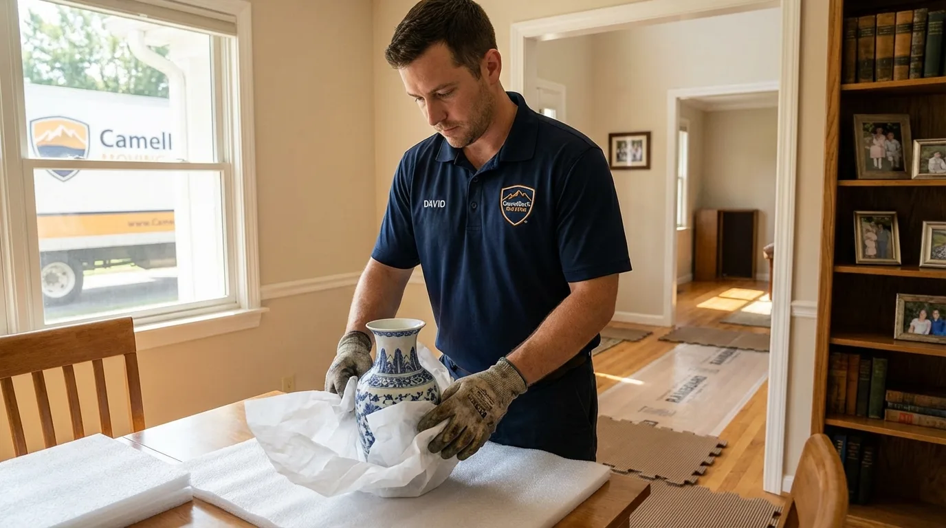 Professional crew carefully wrapping antique vase for senior downsizing move in Mary Esther, FL